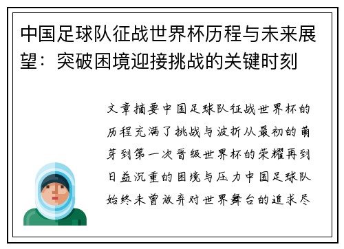 中国足球队征战世界杯历程与未来展望：突破困境迎接挑战的关键时刻