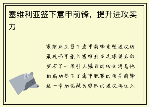 塞维利亚签下意甲前锋，提升进攻实力